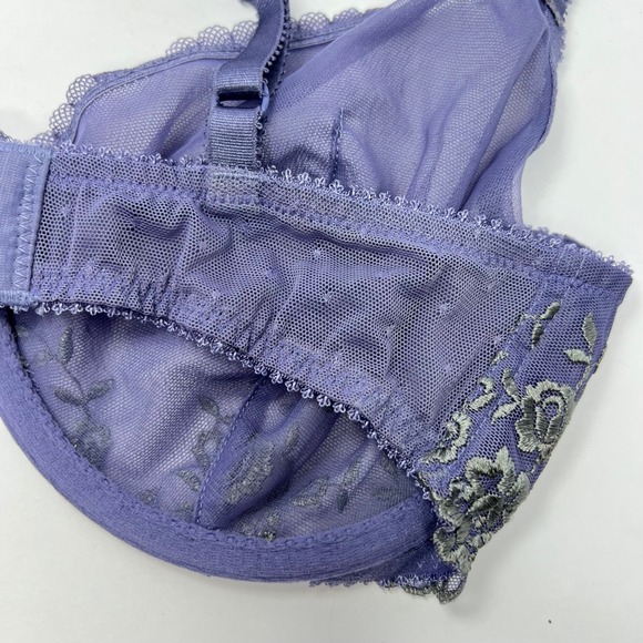 Purple Mesh Embroidered Underwire Bra 36D Floral Lace Unlined Sheer Fairy - Picture 6 of 7